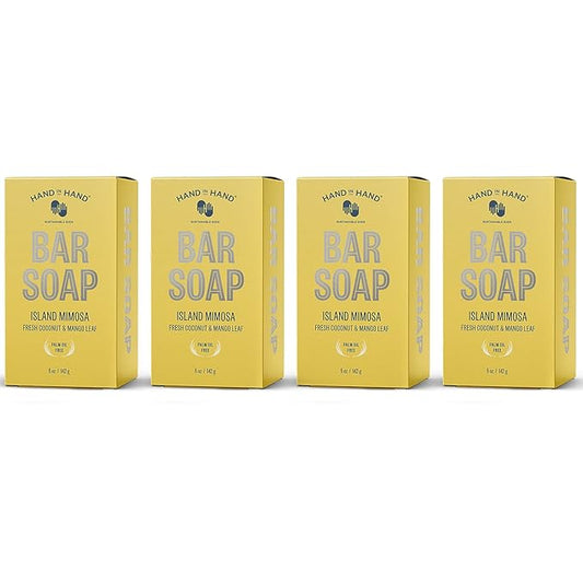 Hand in Hand Bar Soap, Nourishing Cleanser For All Skin Types, Organic Shea and Cocoa Butters, 5 Ounce, Fresh Coconut & Mango Leaf, Island Mimosa Scent, 4 Pack