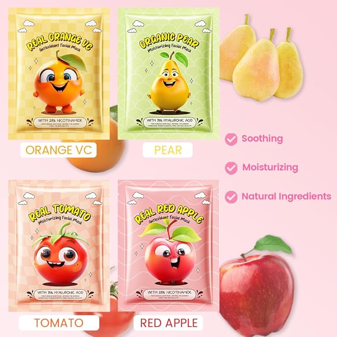 Kaely 12 Pack Fruit Face Masks for Kids, Kids Face Mask Spa Day Kit Supplies, Spa Party Favors for Teens Girls Women, Sheet Facial Mask Skincare Gifts Set, Moisturize Soothe for All Skin Types, 02