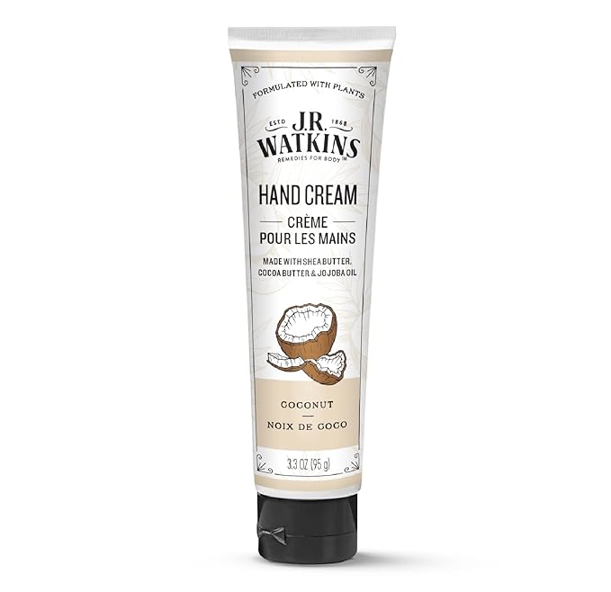 J.R. Watkins Natural Moisturizing Hand Cream, Coconut, Hydrating Hand Moisturizer with Shea Butter, Cocoa Butter, and Avocado Oil, USA Made and Cruelty Free, 3.3oz