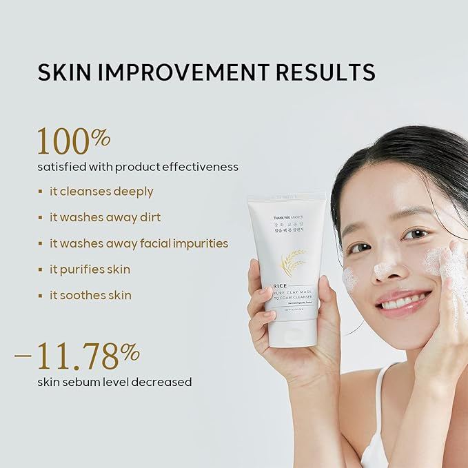 THANKYOU FARMER Rice Pure 2-IN-1 Korean Clay Mask to Foam Cleanser 5.27 fl.oz, Removes Excess Oil, Removing Dead Skin Cells, Soft Skin, Pore Purifying, Dermatologist Tested Korean Face Wash