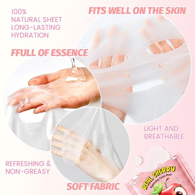 Kaely 12 Pack Cherry Face Masks for Kids, Kids Face Mask Spa Day Kit Supplies, Spa Party Favors for Teens Girls Women, Sheet Facial Mask Skincare Gifts Set, Moisturize Soothe for All Skin Types, 05