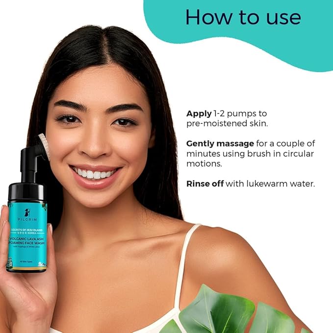 Pilgrim Volcanic Lava Ash Foaming Face Wash with Brush | Infused with Yugdugu & White Lotus | Removes Oil, Dirt & Impurities | Mattifying Cleanser for Oily Skin | 4.06 Fl Oz (120ml)