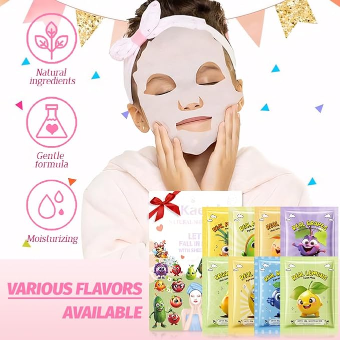 evpct 8 Pack Fruit Kids Face Masks for Kids Girls Spa, Girls Kids Facial Spa Day Slumber Sleepover Birthday Party Favors Supplies Kit for Girl, Kid Friendly Facial Face Masks Bulk Skincare for Kid, 02