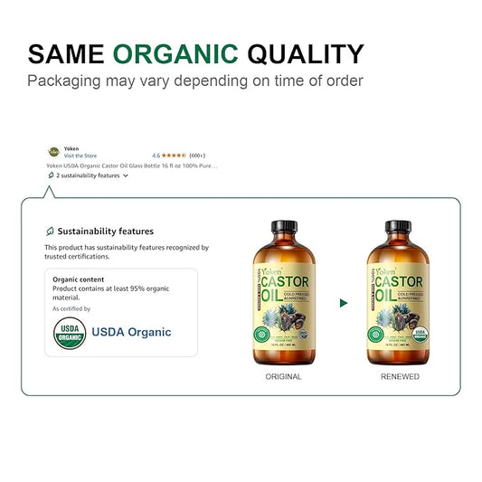 EWG Verified Castor Oil Glass Bottle 16 fl oz 100% Pure Natural Cold Pressed Castor Oil for Face, Body, Hair, Eyelash, Skin - Hexane Free, Unrefined, Virgin, Rich Fatty Acid for Caster Pack Wrap
