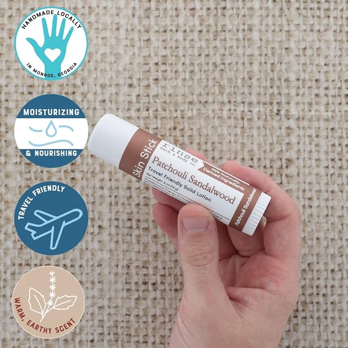 Rinse Bath & Body Solid Sandalwood Patchouli Lotion- Natural Solid Lotion w/Shea and Cocoa Butter | Moisturizing No Mess Travel Lotion w/Beeswax, Apricot & Refined Avocado Oil | Handmade |.5oz