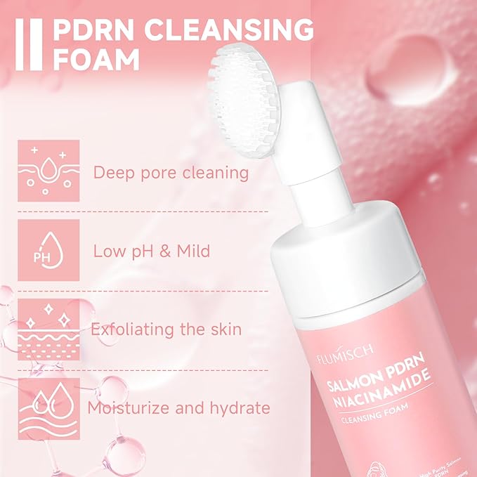 Salmon DNA PDRN Facial Cleanser | Low pH Hydrating Daily Foaming Face Wash with Soft Massage Heads | PDRN, Collagen & LHA | Gentle Pore Care & Radiant, Balanced-Looking Skin | 4.23 oz