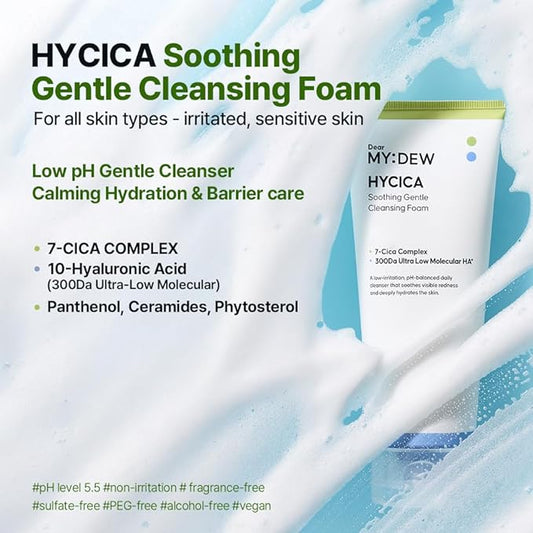 HYCICA Soothing Gentle Cleansing Foam | Low pH 5.5 Cleanser for Sensitive Skin, Calming Hydrating Cica Face Wash & Barrier Care, Centella, Ultra-Low Molecular HA, Korean Skincare, 5.07 fl oz