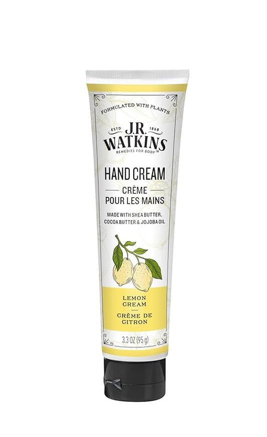 J.R. Watkins Natural Moisturizing Hand Cream, Hydrating Hand Moisturizer with Shea Butter, Cocoa Butter, and Avocado Oil, USA Made and Cruelty Free, 3.3oz, Lemon Cream, Single