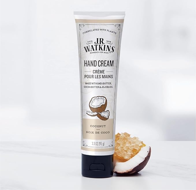 J.R. Watkins Natural Moisturizing Hand Cream, Hydrating Hand Moisturizer with Shea Butter, Cocoa Butter, and Avocado Oil, Cruelty Free, 3.3oz, Coconut, 3 Pack
