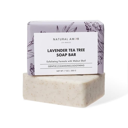 Natural Amor Lavender Tea Tree Soap Bar 7oz – Natural Exfoliating Body Soap with Walnut Shell – Long-Lasting Triple Milled Moisturizing Bar for Men & Women