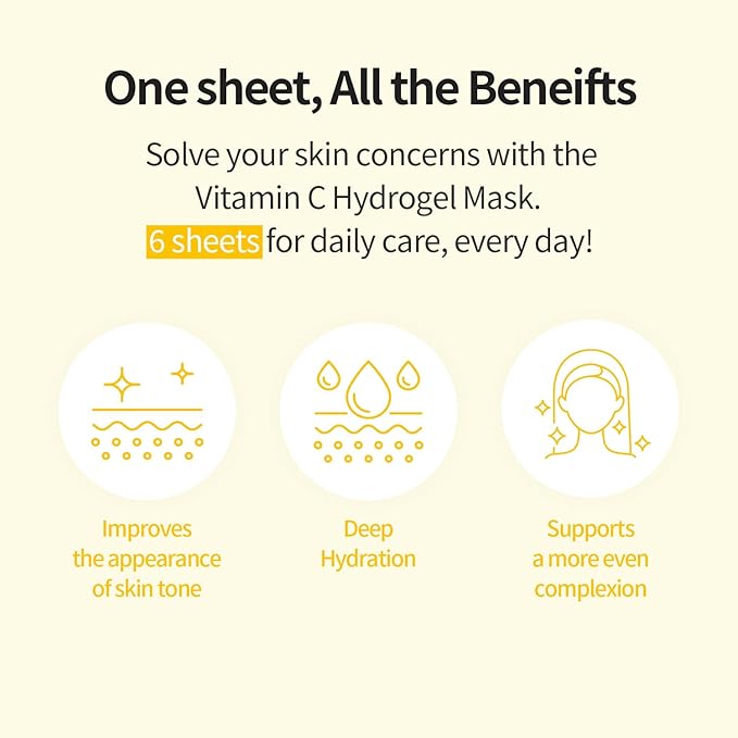 COSNORI Vitamin C Hydrogel Mask [6 Pack] - Supports a Brighter-Looking Complexion, Hydrating, Korean Facial Sheet Mask, 0.98 oz (28g)