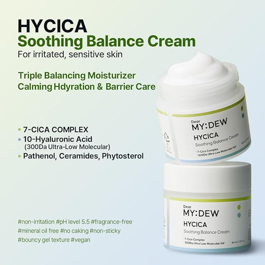 HYCICA Soothing Balance Cream Moisturizer | Calming Hydration Barrier Care for Sensitive Skin, Centella, Ultra-Low Molecular Hyaluronic Acid, Vegan Fragrance-Free Korean Skincare, 2.70 fl oz