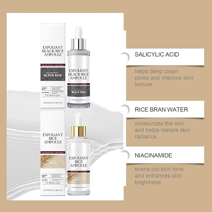 Dual Action Facial Peeling Set - Rice Water & Black Rice Exfoliating Ampoules for Gentle Skin Renewal, Non-Irritating Texture Refiner (2 x 100ml)