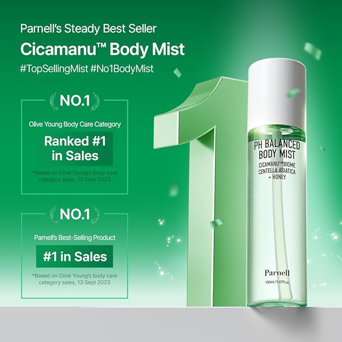 Parnell Cicamanu pH Balanced Body Mist - Centella Asiatica, Hyaluronic Acid, Ceramide, LHA, PHA, Mild Exfoliating, Soothing and Moisturizing Mist for Body, Back Acne and Bacne (5.07 Fl Oz / 150ml)