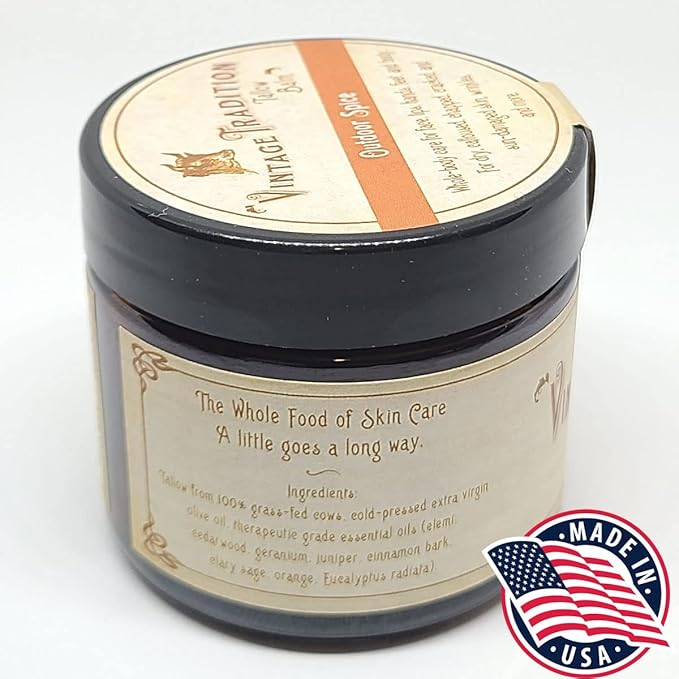 Vintage Tradition Beef Tallow All Purpose Balm - Healing, Hydrating Spice Oils Skin Care Salve Replaces Body Lotion, Hand Cream, More - Essential Oil, Olive Oil, and Grass-Fed Tallow, 2 fl. oz.