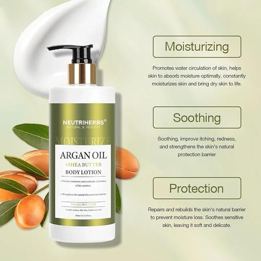 Neutriherbs Body Lotion for Women and Men, Argan Oil + Shea Butter Body Cream, Deep Moisture and Soothin Skin, Plump Bottle - 13.52 Fl Oz