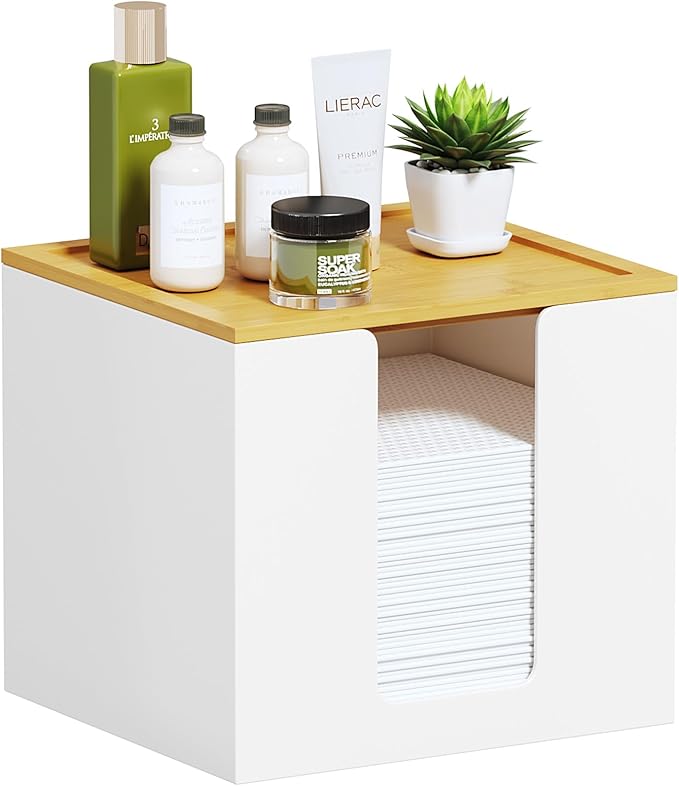 VITVITI Disposable Face Towel Holder Containers, Metal Iron Facial Clean Towels Box for XL Clean Skin Club, Large Capacity With Bamboo Lid for Bathroom, White