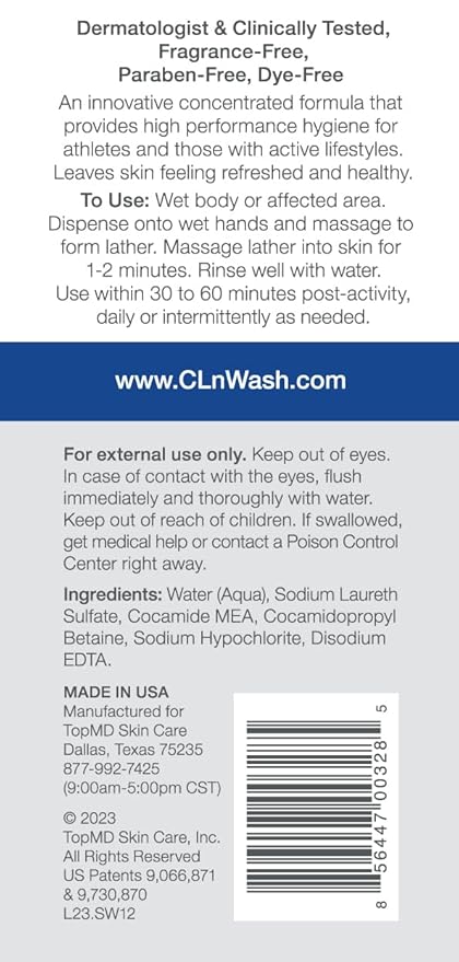 CLn® SportWash – High-Performance Sport Body Wash, For Men & Women Prone to Body Odor, Foot Odor, Ringworm, Folliculitis, & Back Acne, Fragrance-Free & Paraben-Free, 12 fl. oz.