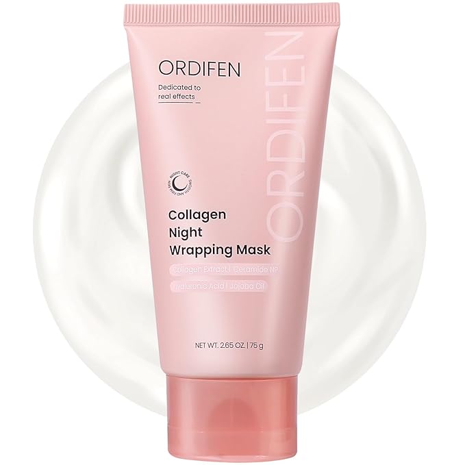 Collagen Night Wrapping Mask for Glowing Skin, Collagen Overnight Wrapping Peel Off Facial Mask for Elasticity Hydration, Reduce Sagging Dullness, 2.65 fl.oz, Pink(Brush Included)