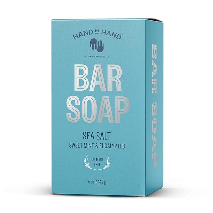 Hand in Hand Bar Soap, Nourishing Cleanser For All Skin Types, Organic Shea and Cocoa Butters, 5 Ounce, Sweet Mint & Eucalyptus, Sea Salt Scent, 4 Pack