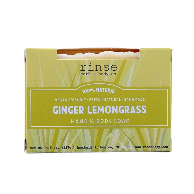 Rinse Bath & Body Lemongrass and Ginger Soap - Handmade Castile Lemongrass Soap w/Shea and Cocoa Butter | Moisturizing Bar Soap w/Ginger Essential Oil | Natural Bar Soap | Vegan| Gluten Free| 4.25oz