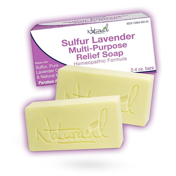 Naturasil 10% Sulfur Lavender Soap Treatment Natural Relief for Acne, Bug Bites, Warts, Mites, Eczema, Itching, Discomfort | for Kids & Adults: Face & Body Soap | 4oz Bars (2)