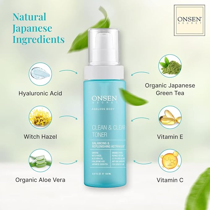 Onsen Secret Clean & Clear Face Toner - Balancing & Replenishing Astringent Daily Perfecting & Revitalizing Toner w/Witch Hazel, Aloe Vera, Green Tea, Alcohol-Free, Skin Care Toner for Face
