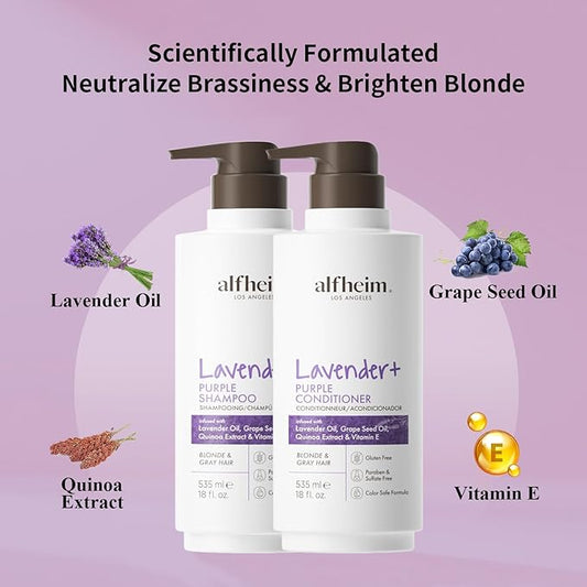 Alfheim Lavender+ Purple Shampoo & Conditioner Set | Anti-Brass & Color-Correcting for Blonde, Platinum & Gray Hair | Hydrating & Nourishing | Enhances Shine & Softness | 18 oz Each