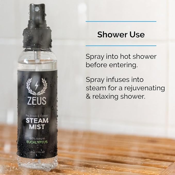 ZEUS 100% Natural Eucalyptus Oil Steam Mist, Aromatherapy Spray for Shower, Sauna, Bath & Pre-Shave, Nasal Relief & Spa-Inspired Refreshment (Made in USA) 4 oz.