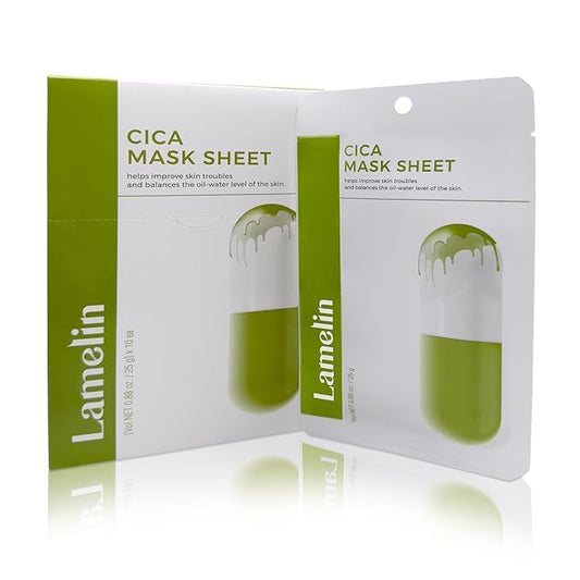 Lamelin Cica Niacinamide Sheet Mask, 10 Pack, Wormwood Tea Trea Anti Aging Skin Elasticity Hydrating Made In Korea
