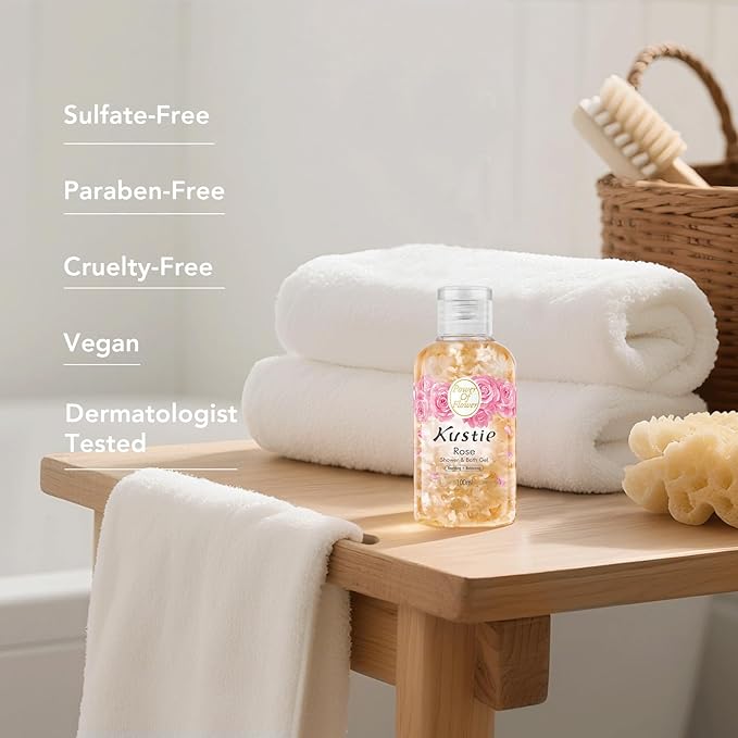Kustie Rose Anti-Aging Travel Size Body Wash, Real Petals & Rose Oil, 24H Fragrance & Deep Moisturizing, Clear Free Radicals Cleanse Shower Gel for Dry & Mature Skin, 3.38 fl oz