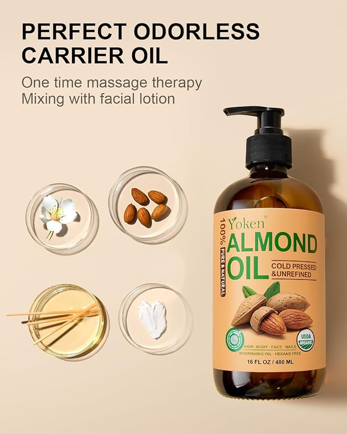 Yoken Organic Almond Oil 16 fl oz, USDA 100% Pure Cold Pressed Almond Oils in Glass Bottle, Natural Moisturizer for Face, Hair & Body, Ideal Carrier Oil for Skin Care, DIY Beauty & Soothing Massage