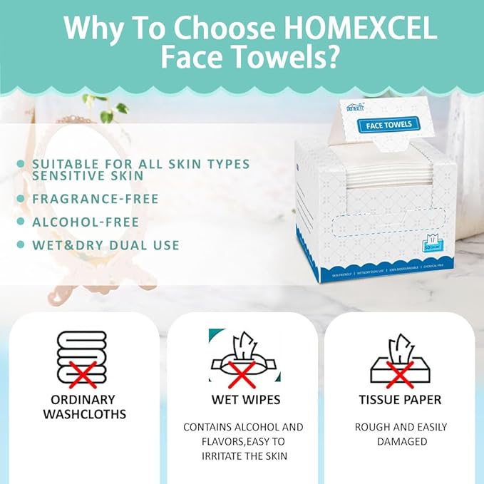 HOMEXCEL Face Towels, Disposable Face Towelette, Biodegradable Makeup Remover Dry Wipes 50 Count, Super Soft Clean Facial Towels Wash Cloth for Sensitive Skin