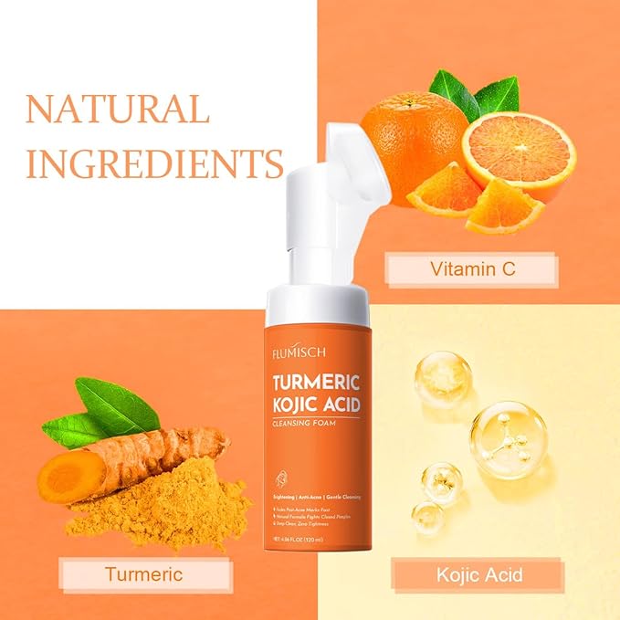 Turmeric Kojic Acid Foaming Facial Cleanser, Kojic Acid And Turmeric Exfoliating Face Wash With Brush (4.23 fl.Oz), 2pcs