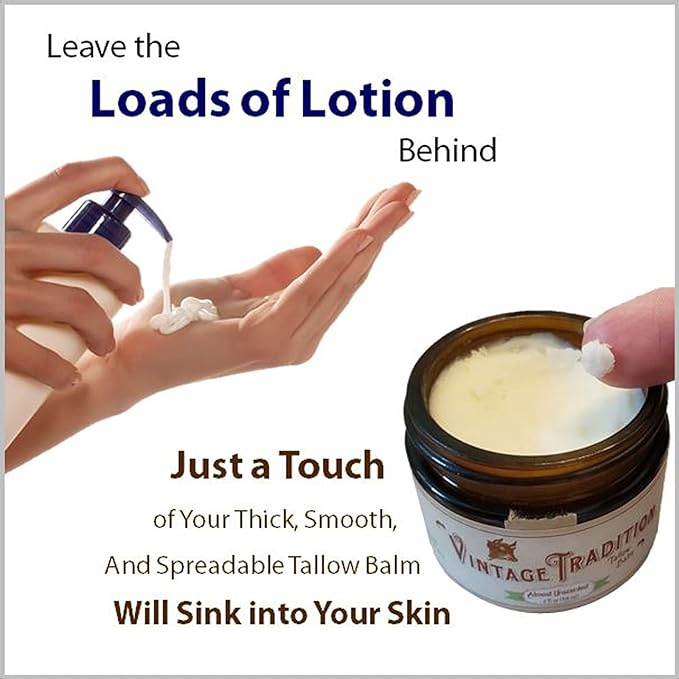 Vintage Tradition Beef Tallow Balm for Skin Care - Unscented, All Purpose Balm for Sensitive Skin Heals and Hydrates with Olive Oil + Tallow from Grass-Fed Cows - Beef Tallow for Skin, 2 fl. oz.
