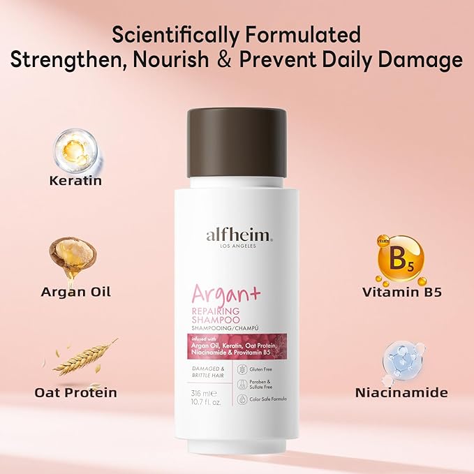 ALFHEIM Argan+ Repairing Shampoo | Argan Oil & Keratin for Dry, Damaged & Brittle Hair | Hydrating & Strengthening Sulfate-Free Shampoo | Color-Safe & Frizz Control | 10.7 fl oz