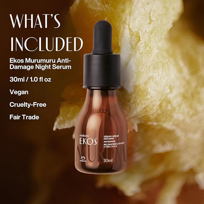 natura Ekos Murumuru Anti-Damage Night Serum - Increases Hair’s Natural Keratin Production - Replenish Nutrients & Rebuild Hair Fiber - Vegan Hair Care - Brazilian Beauty Secrets - Hair Care 30ml