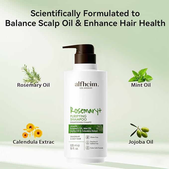 ALFHEIM Rosemary+ Purifying Shampoo | Rosemary & Mint Infused | Refreshes Scalp, Removes Build-Up & Balances Oil | Gentle for Oily Hair & Sensitive Scalp | Sulfate-Free | 18 fl oz