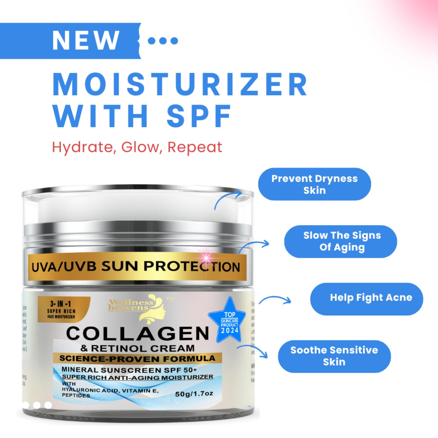 Daily Face Moisturizer with SPF 50 – Anti-Aging Retinol Cream with Hyaluronic Acid, Collagen & Broad Spectrum Sunscreen – Firming & Hydrating Day and Night Face Cream for Fine Lines & Wrinkles (1.7 Oz)