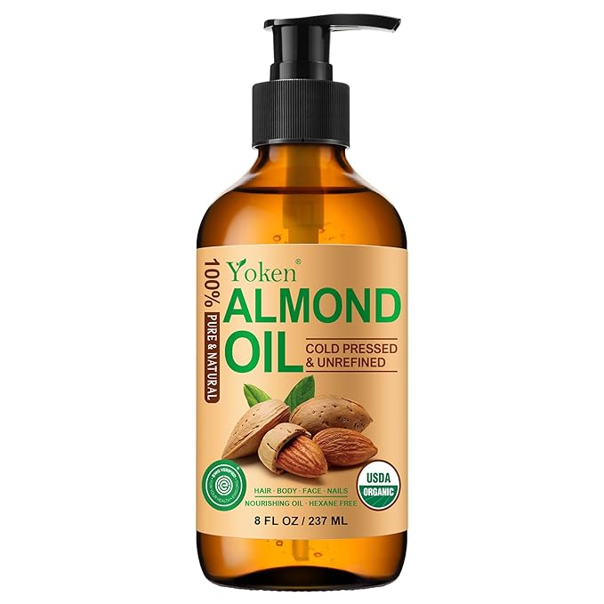 Yoken Organic Almond Oil 8 fl oz, USDA 100% Pure Natural Cold Pressed Almond Oils in Glass Bottle, Moisturizing Carrier Oil for Face, Hair & Body - Ideal for Skin Care, Soothing Massage & DIY Beauty