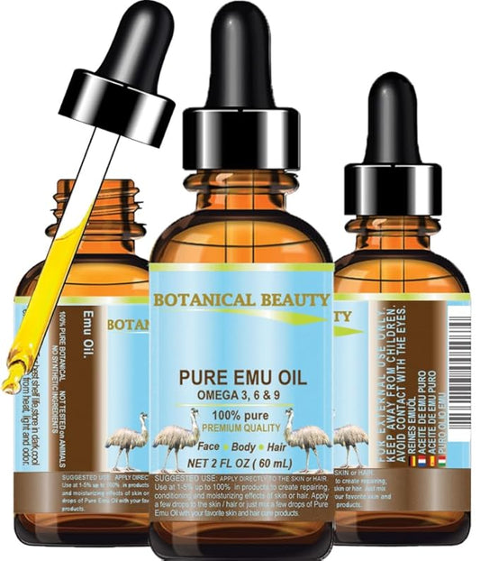 Botanical Beauty PURE EMU OIL 100% Natural Unrefined for Face, Skin, Body, Hands, Feet, Nails, Hair, Lip Care 2 Fl Oz - 60 ml