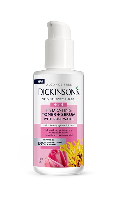 Dickinson's Original Witch Hazel Hydrating Toner + Serum with Rose Water | 100% Natural Distilled Witch Hazel | Alcohol-Free | Hydrates, Tones, Renews, and Soothes Skin | 4 Fl Oz
