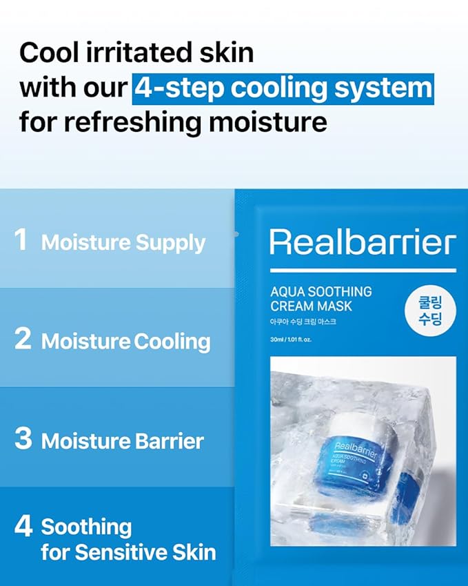 Real Barrier | Aqua Soothing Cream Mask | Korean Face Mask for Sensitive & Dehydrated Skin | Facial Mask with Hyaluronic Acid | Cooling & Moisturizing | Moisturizing Face Masks Skincare | 10 Sheets