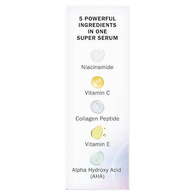 Olay Super Serum - Niacinamide, Vitamin C & E, Collagen Peptide, AHA - 5-in-1 Skin Care Benefits for Face - Healthy Glow, Brightening, Hydrating, Smoothing, Firming, Evens Tone, Anti-Aging, 1.0 Oz