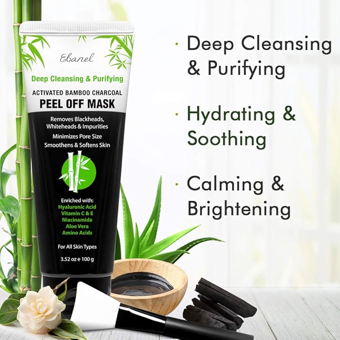 Ebanel Charcoal Peel Off Face Mask Applicator Set, Deep Pore Cleansing Minimizer Blackhead Remover with Niacinamide, Hyaluronic Acid, Vitamin C, Green Tea, Deep Cleanse Black Masks Peel Off Gel Mask