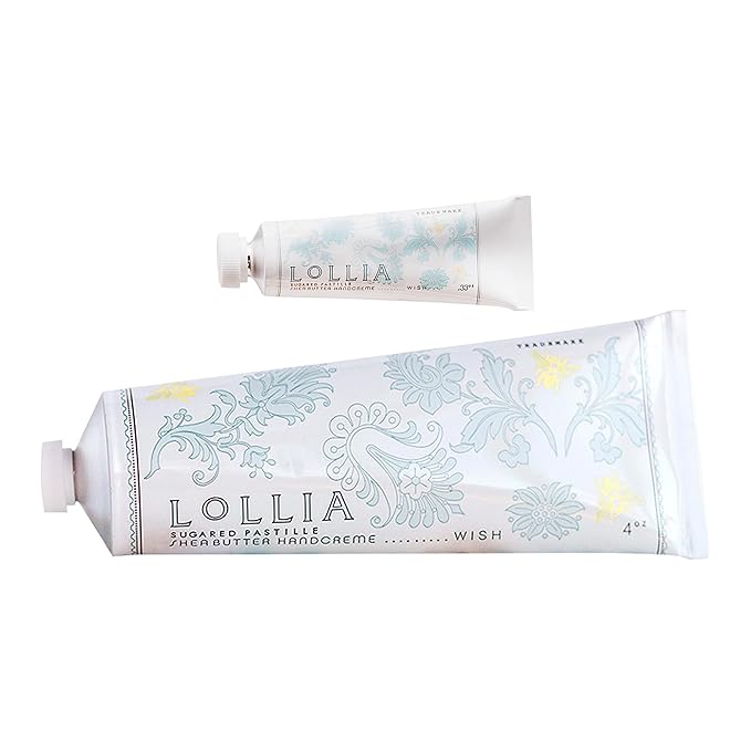 LOLLIA Wish No. 22 Handcreme Bundle, .33 oz. & 4 oz. – Sugared Pastille – Scented Hand Cream for Women, Moisturizing Hand Lotion for Dry Hands, Shea Butter & Cocoa Butter, Quick Absorbing Lotion