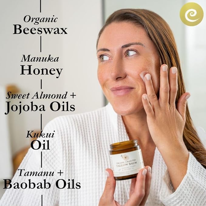 Beef Tallow for Face, Moisturizer with Manuka Honey & Pure Essential Oils, Organic Face & Body Balm, Natural Skincare with Jojoba, Sweet Almond, Tamanu & Baobab Oils, Made in USA, 4oz