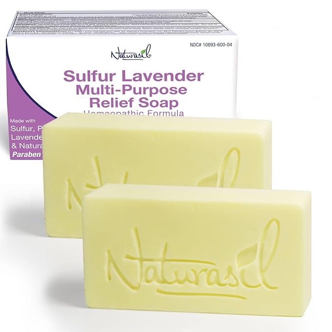 Naturasil 10% Sulfur Lavender Soap Treatment Natural Relief for Acne, Bug Bites, Warts, Mites, Eczema, Itching, Discomfort | for Kids & Adults: Face & Body Soap | 4oz Bars (2)