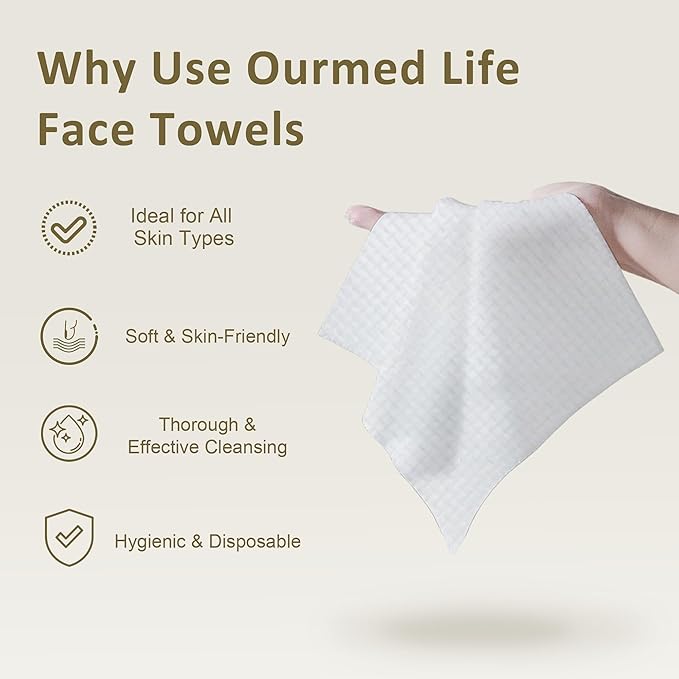 Ourmed Life Face Towels, Disposable Biodegradable Facial Towels for Sensitive Skin, Lint- free Facial Wipes for Washing Face, Skincare and Makeup Remover, Dry Wipes, 10"×7.9" Extra Large, 60 Count