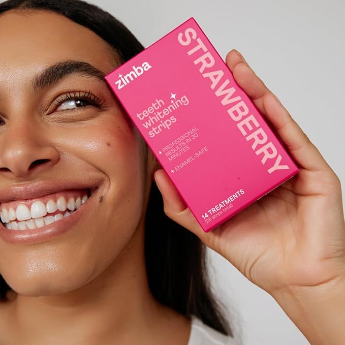 Zimba Strawberry Flavored Teeth Whitening Strips | Vegan, Enamel Safe Hydrogen Peroxide Teeth Whitener for Coffee, Wine, Tobacco, and Other Stains | 14 Day Treatment | Strawberry